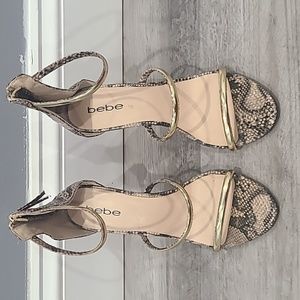 𝅺 Snake Skin and Gold 3 Strap Berdine Ankle Strap Dress Sandals, 8 1/2
